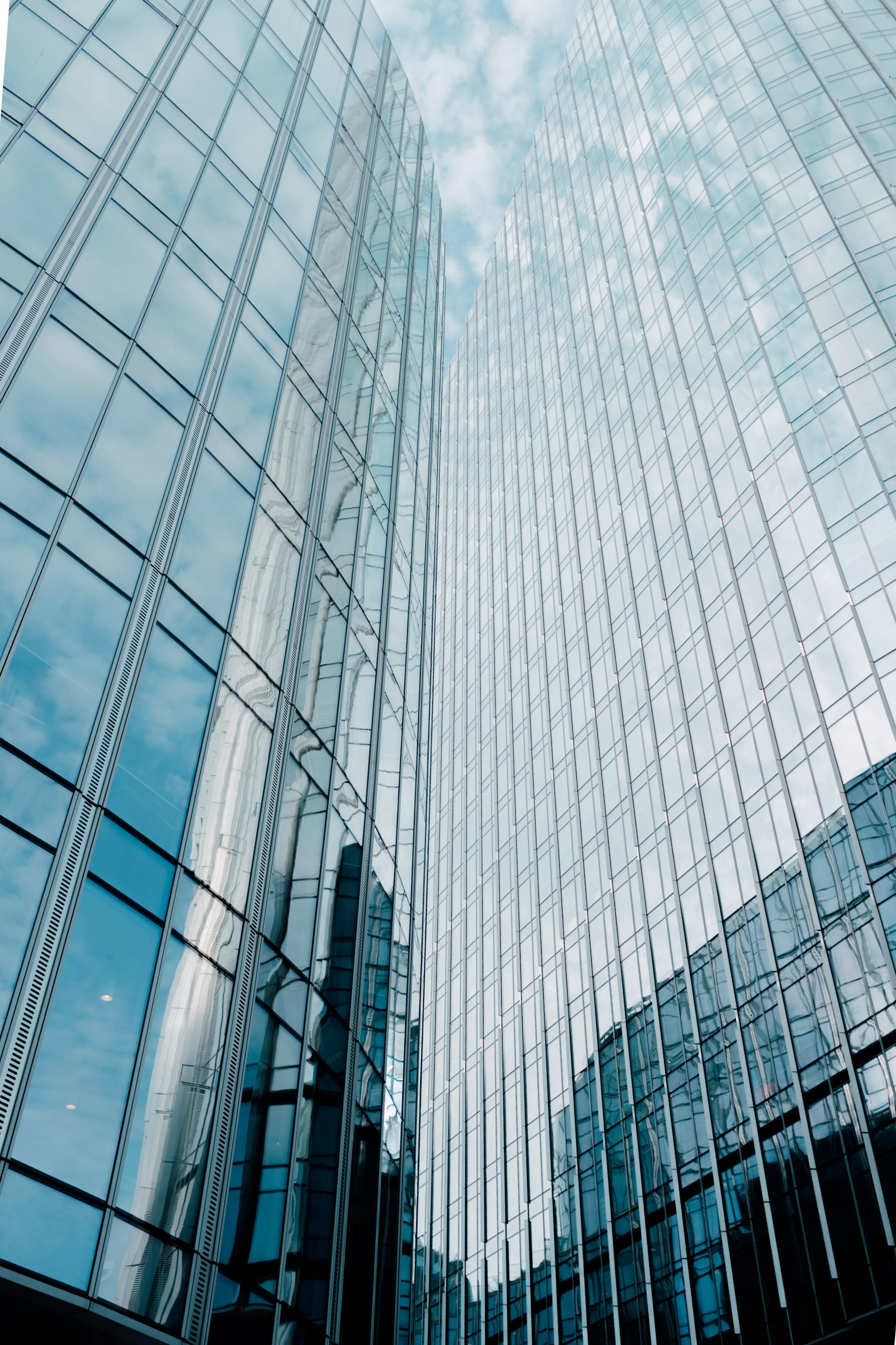 Reflective glass architecture viewed from below